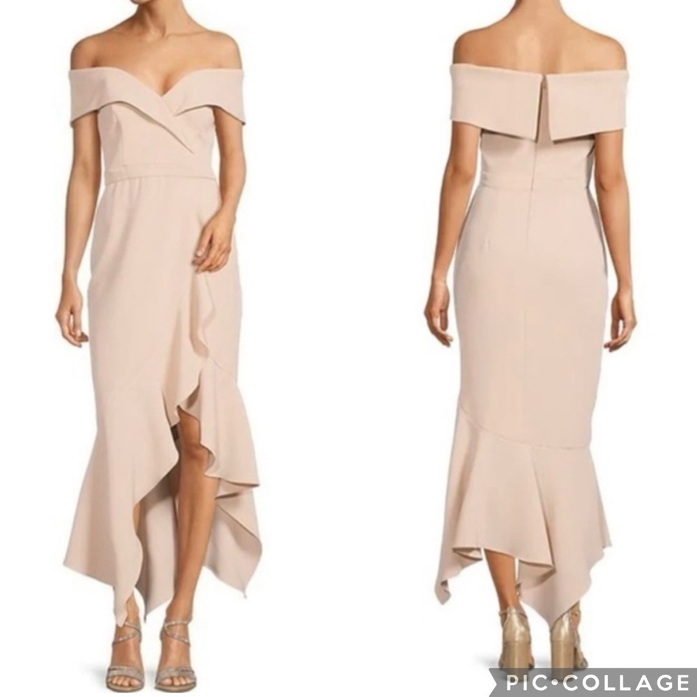 Xscape Off The Shoulder Ruffle Dress Beige‎ Blossom 4